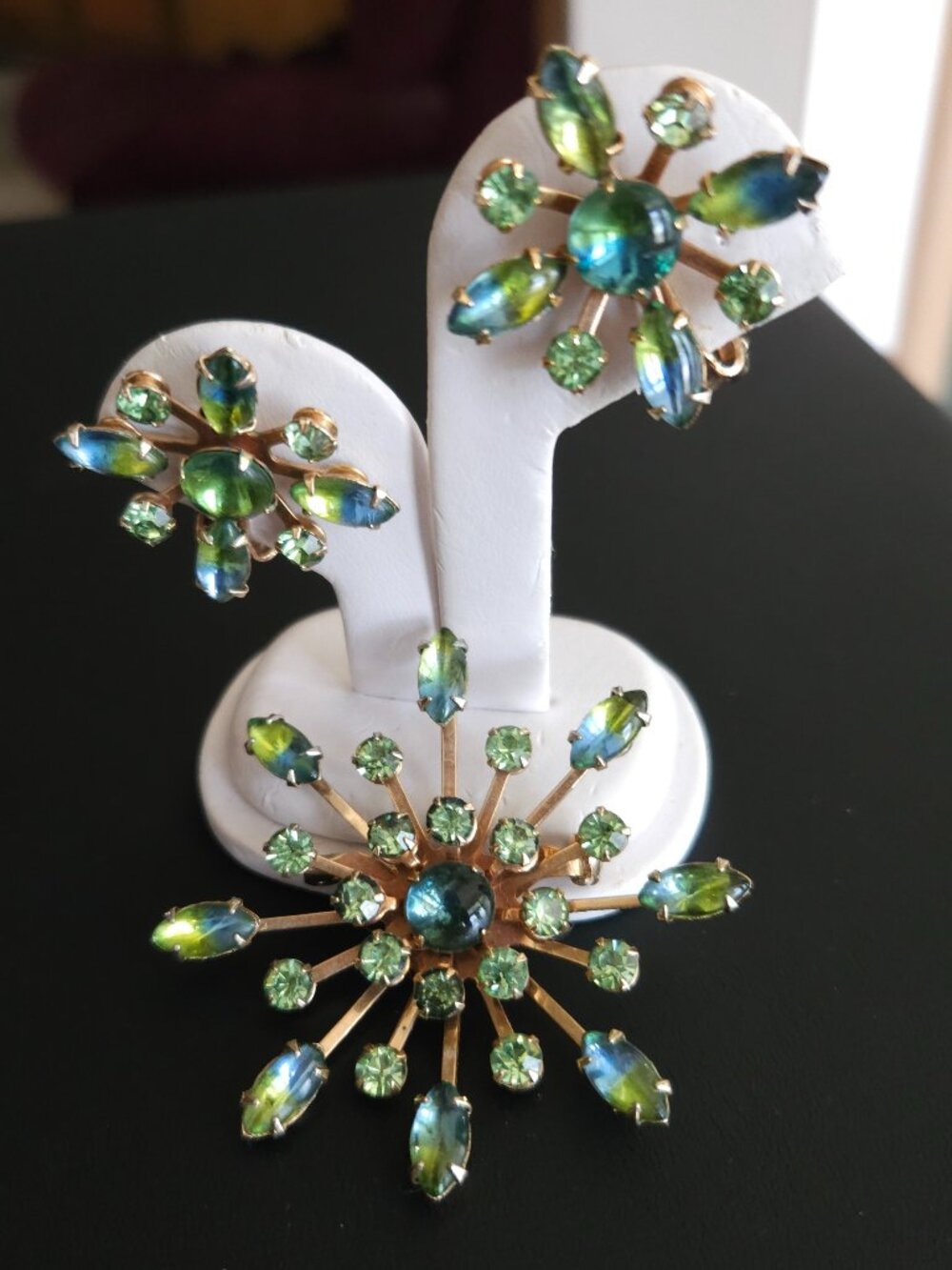 Vintage Blue Green Rhinestone Brooch & Earring Set